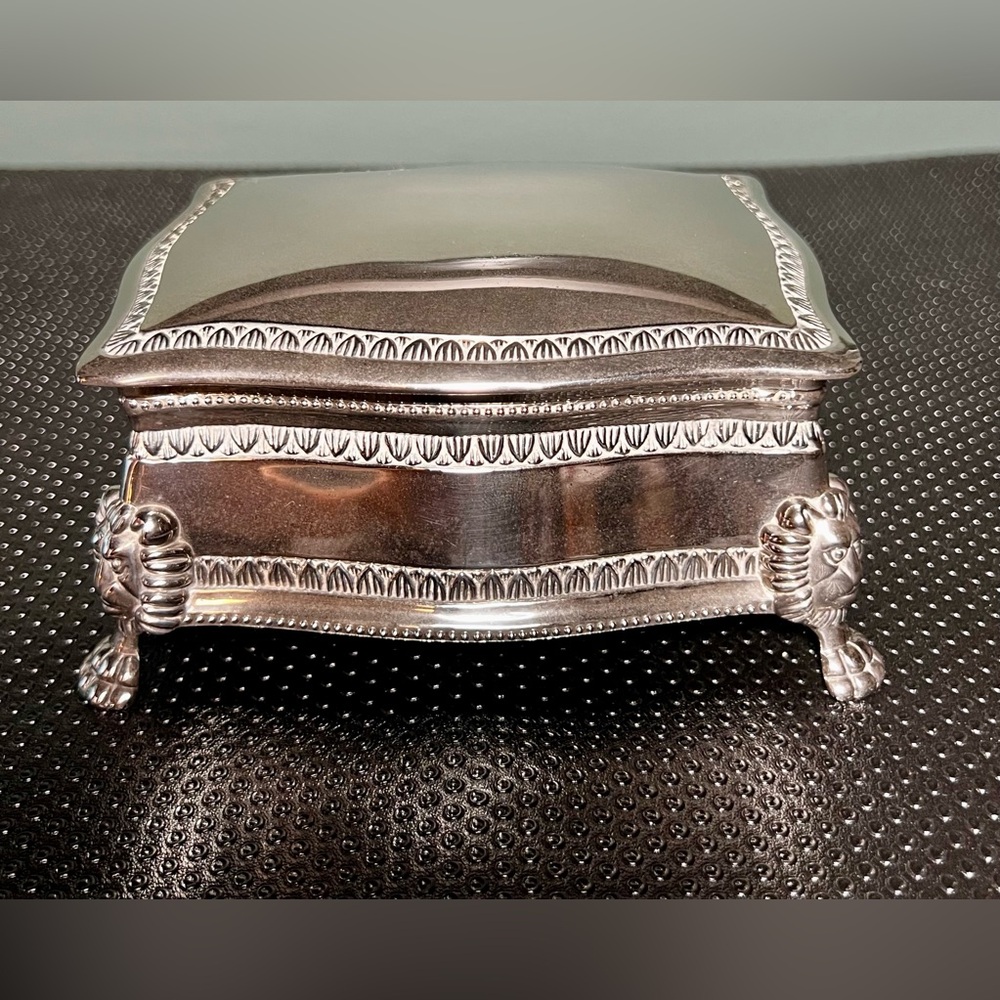 Ornate Silver Metal Jewelry Box with Claw Feet